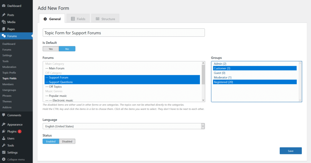 wpForo Topic Custom Fields Creating New Custom Form