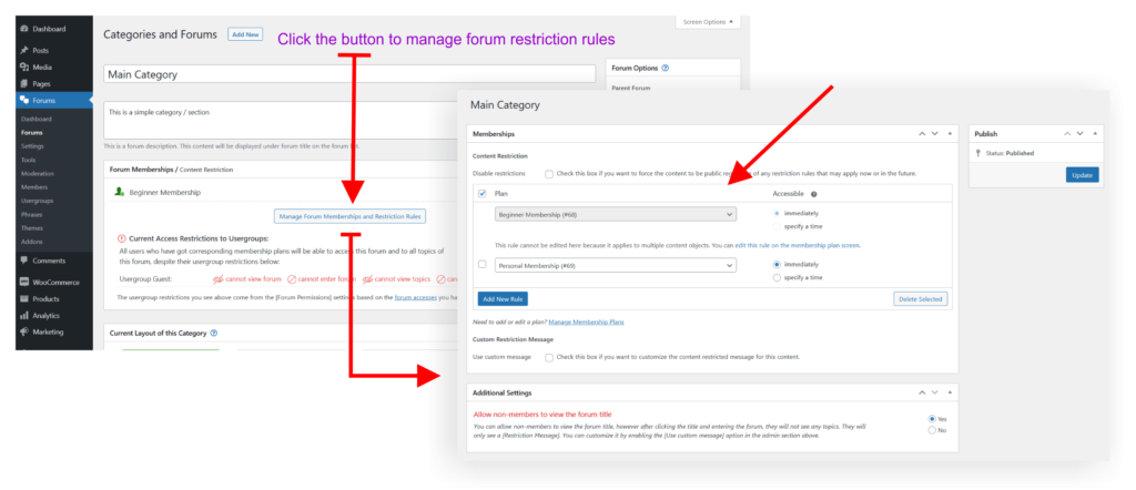 wpForo WooCommerce Memberships Integration Manage Category Content Restriction Screen described