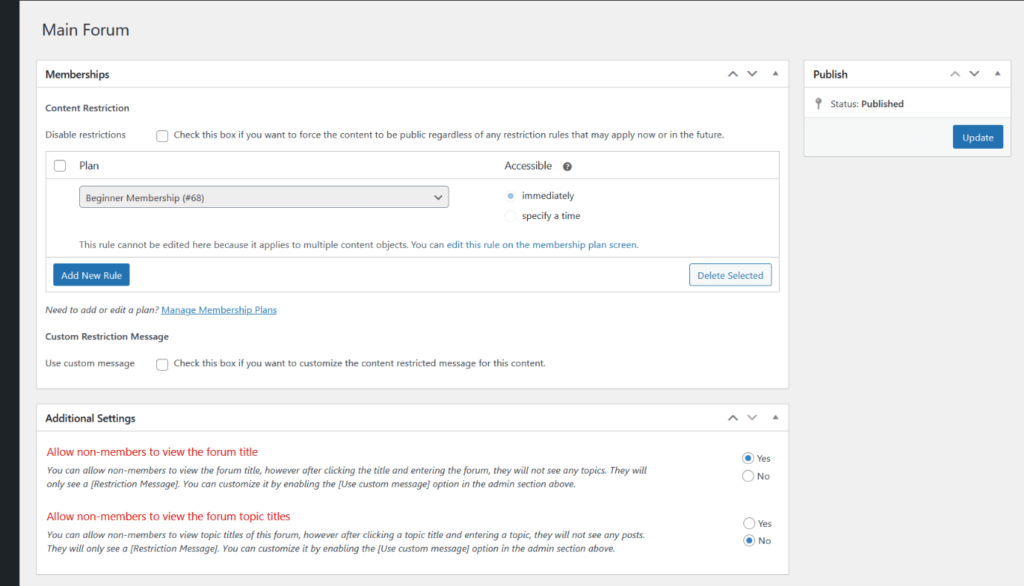 wpForo WooCommerce Memberships Integration Manage Forum Content Restriction Screen