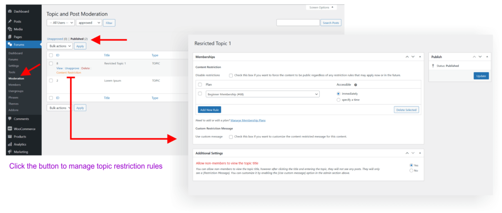 wpForo WooCommerce Memberships Integration Manage Topic Content Restriction Screen described