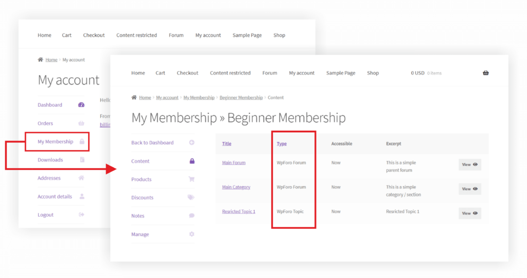 wpForo WooCommerce Memberships Integration Member Dashbaord My Memberships