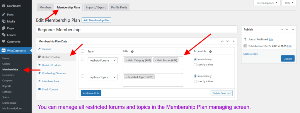wpForo WooCommerce Memberships Integration Membership Plans described